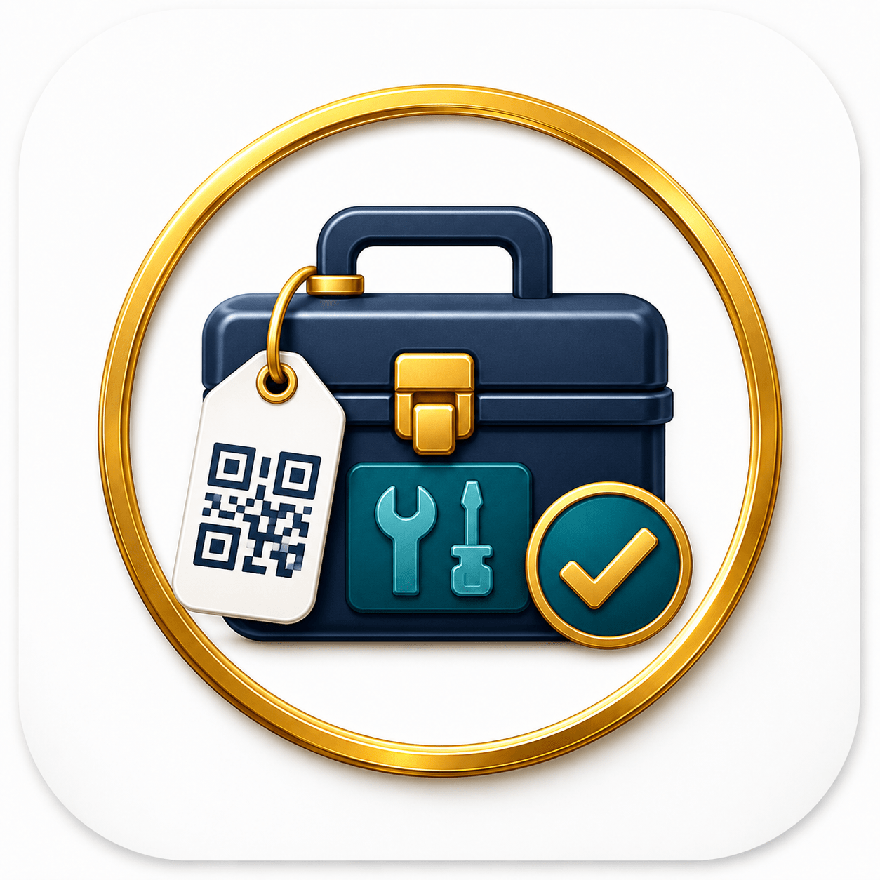 MyAssets app icon — navy toolbox with QR tag and checkmark inside a gold ring