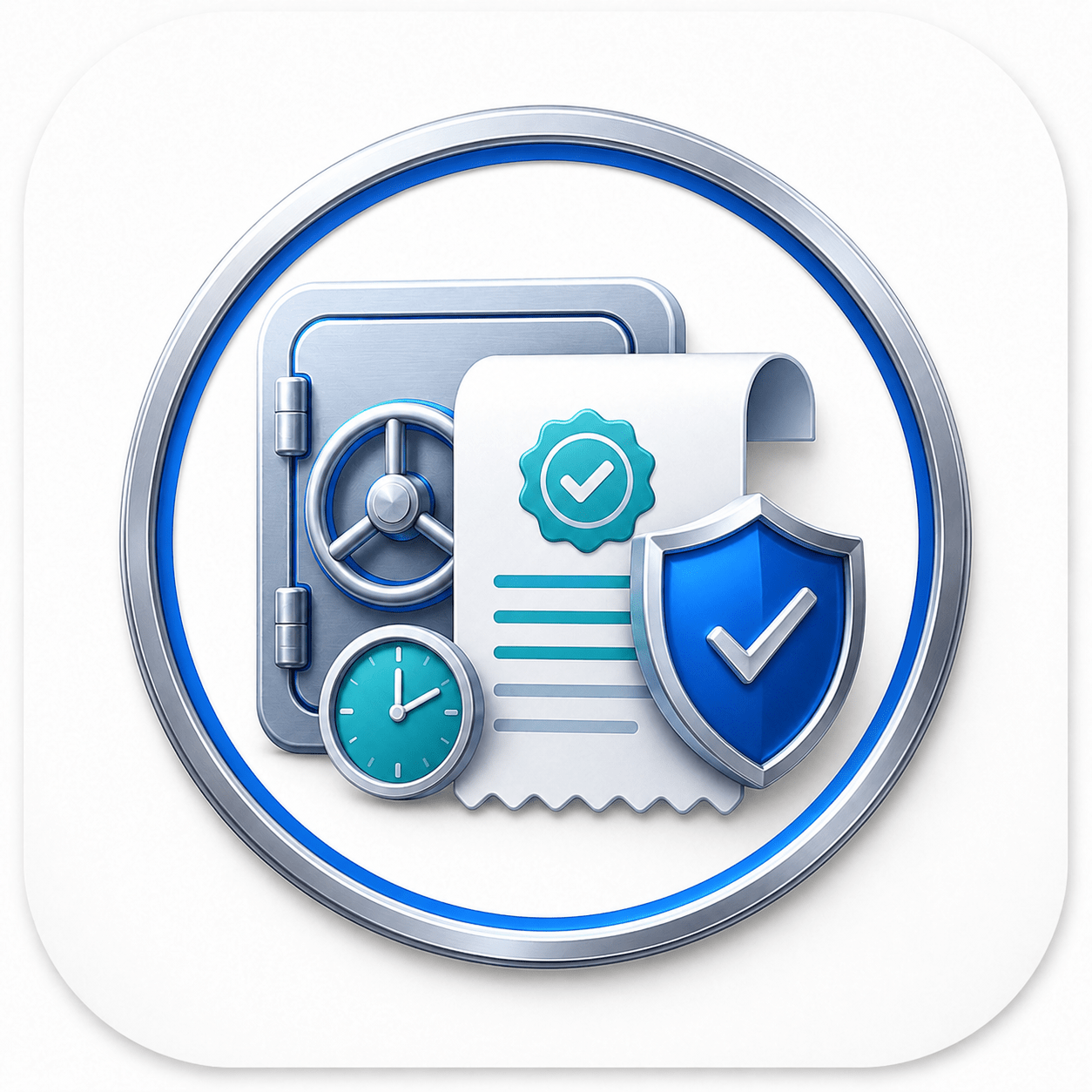 MyWarranty app icon — vault, receipt, clock, and shield with checkmark inside a silver ring